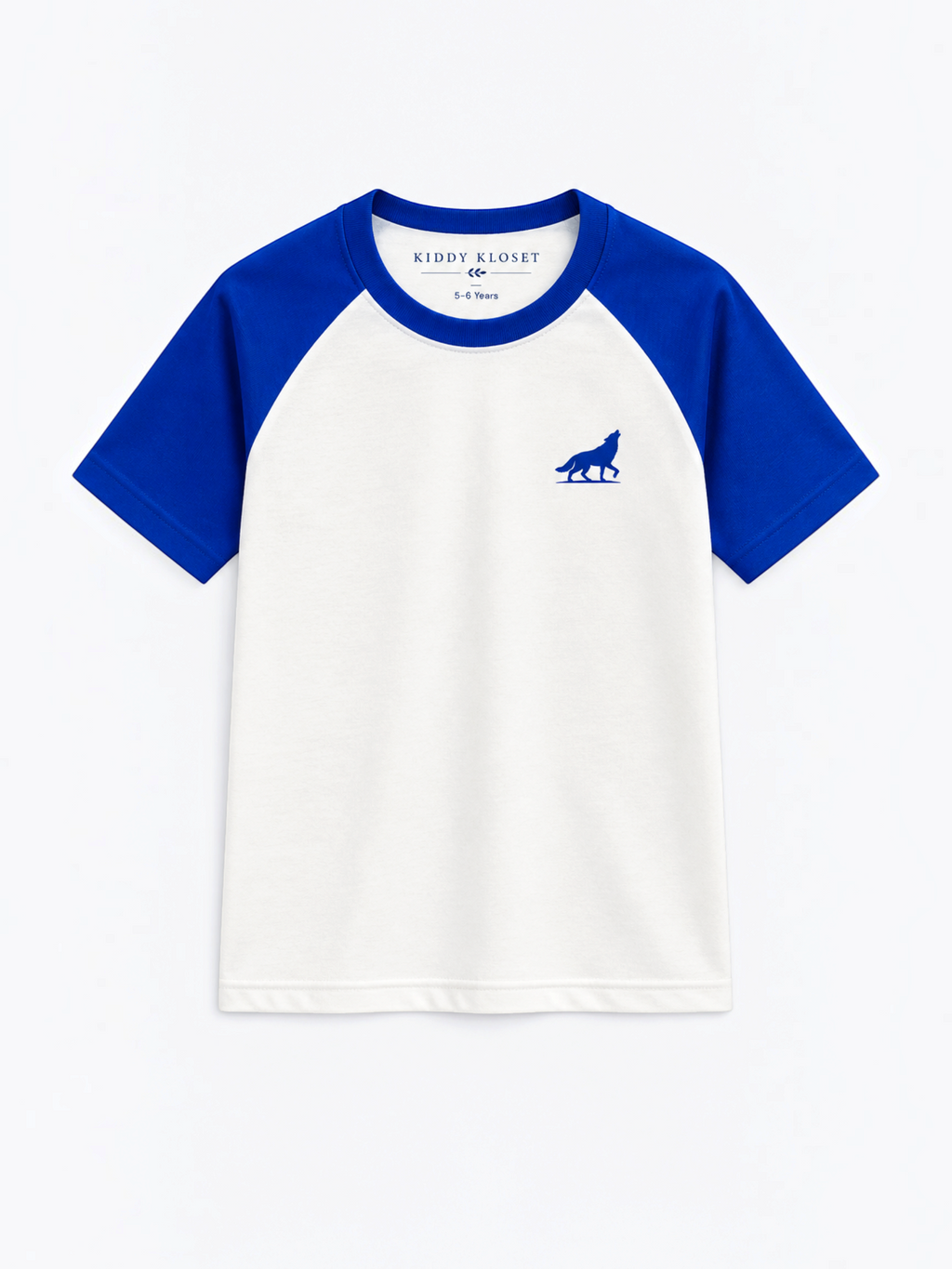 Kiddy Kloset kids white raglan T-shirt front view with royal blue sleeves and wolf chest logo