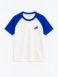 Kiddy Kloset kids white raglan T-shirt front view with royal blue sleeves and wolf chest logo