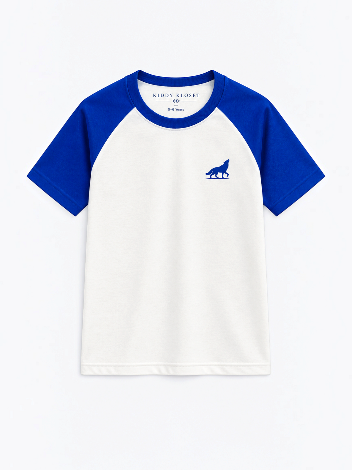 Kiddy Kloset kids white raglan T-shirt front view with royal blue sleeves and wolf chest logo