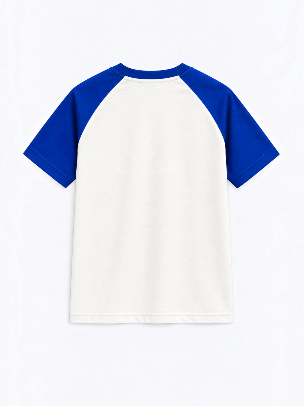 Kiddy Kloset kids white raglan T-shirt back view with royal blue raglan sleeves