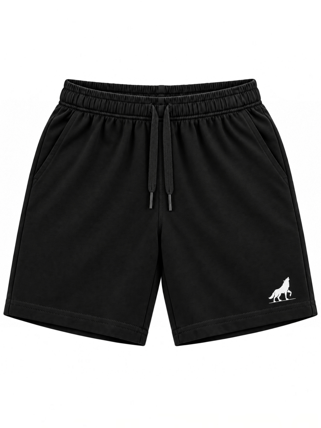 Kiddy Kloset kids black shorts front view with drawcord waist and white wolf logo