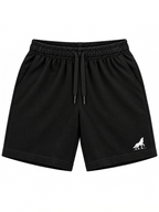 Kiddy Kloset kids black shorts front view with drawcord waist and white wolf logo