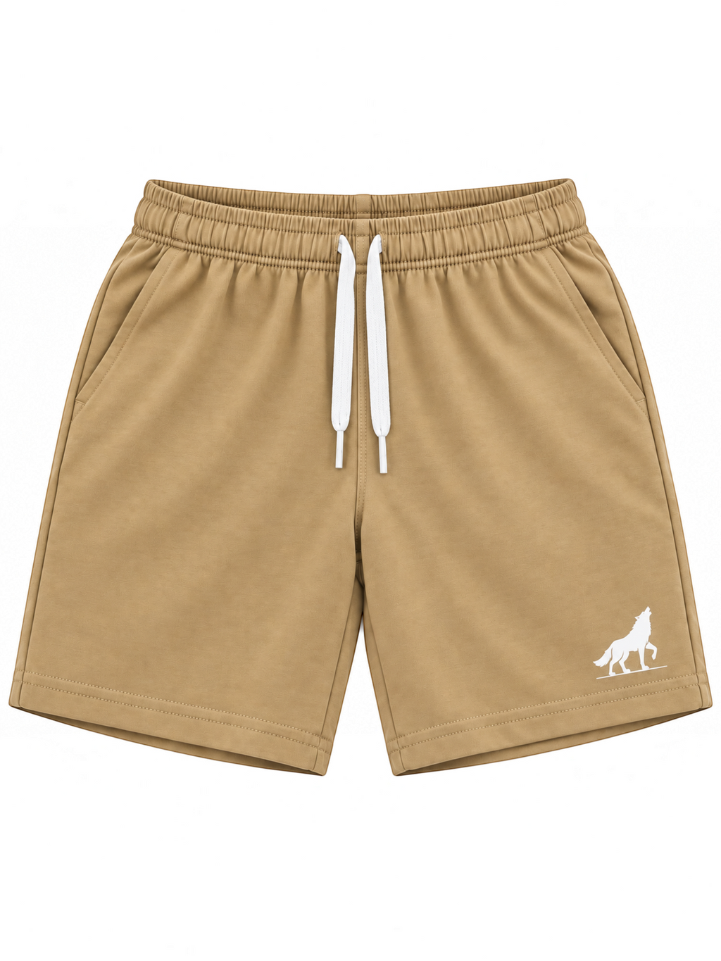 Kiddy Kloset kids camel brown shorts front view with white drawcord and wolf logo