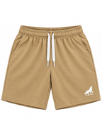 Kiddy Kloset kids camel brown shorts front view with white drawcord and wolf logo