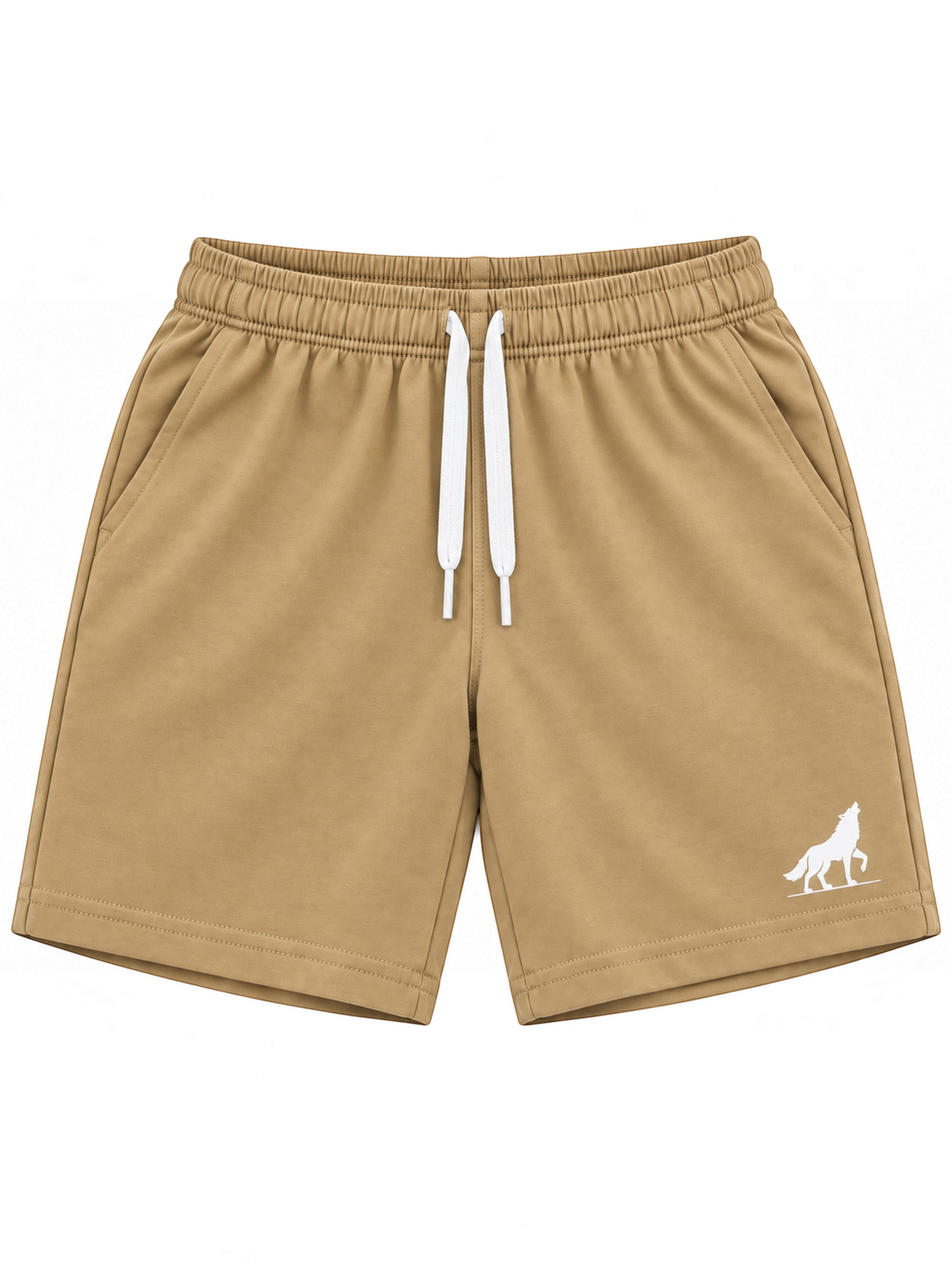 Kiddy Kloset kids camel brown shorts front view with white drawcord and wolf logo