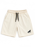 Kiddy Kloset kids cream shorts front view with black drawcord and black wolf logo