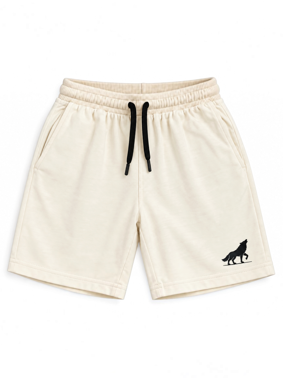 Kiddy Kloset kids cream shorts front view with black drawcord and black wolf logo