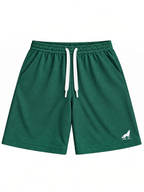 Kiddy Kloset kids forest green shorts front view with white drawcord and white wolf logo