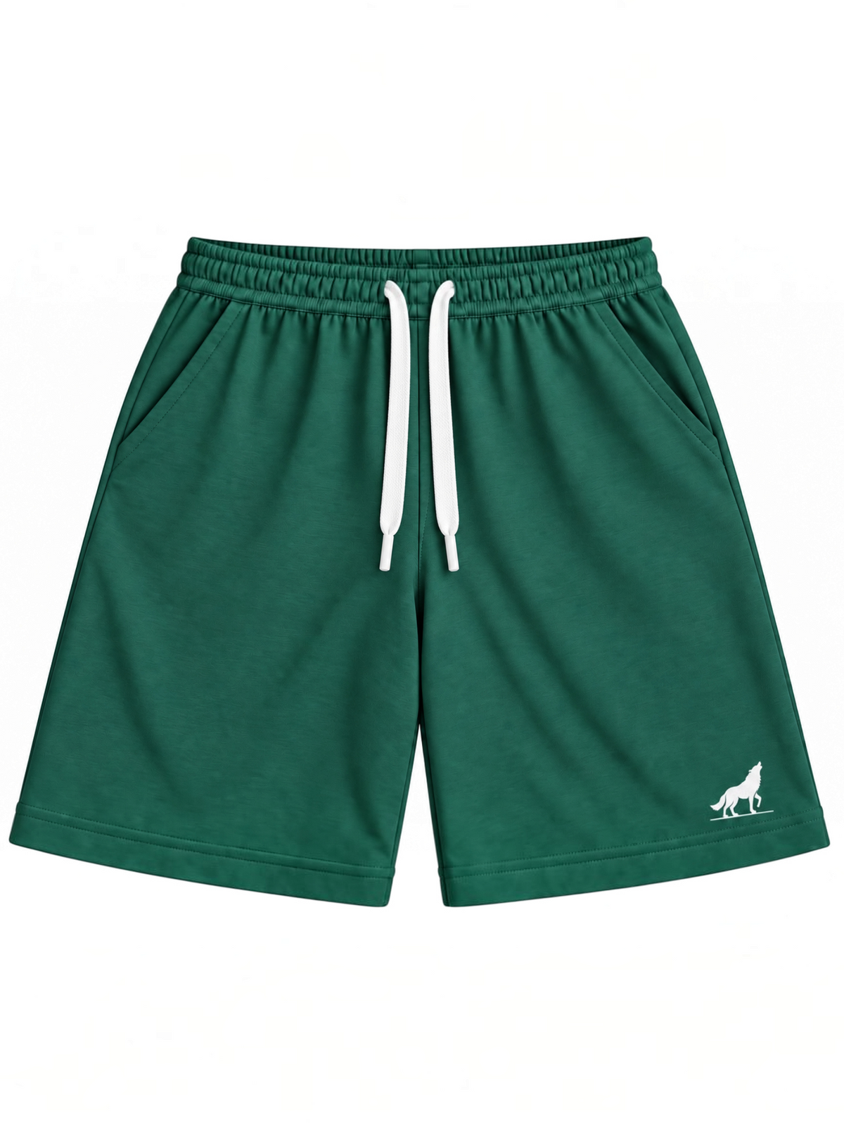 Kiddy Kloset kids forest green shorts front view with white drawcord and white wolf logo