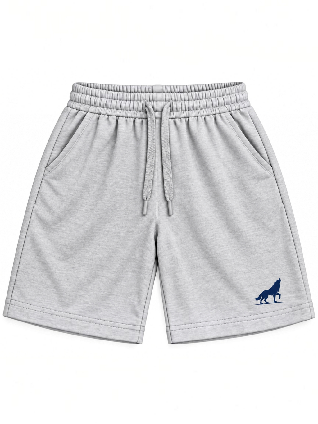 Kiddy Kloset kids grey marl shorts front view with drawcord and navy wolf logo