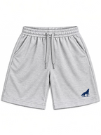 Kiddy Kloset kids grey marl shorts front view with drawcord and navy wolf logo