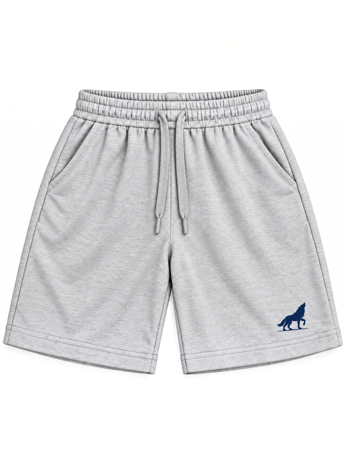 Kiddy Kloset kids grey marl shorts front view with drawcord and navy wolf logo