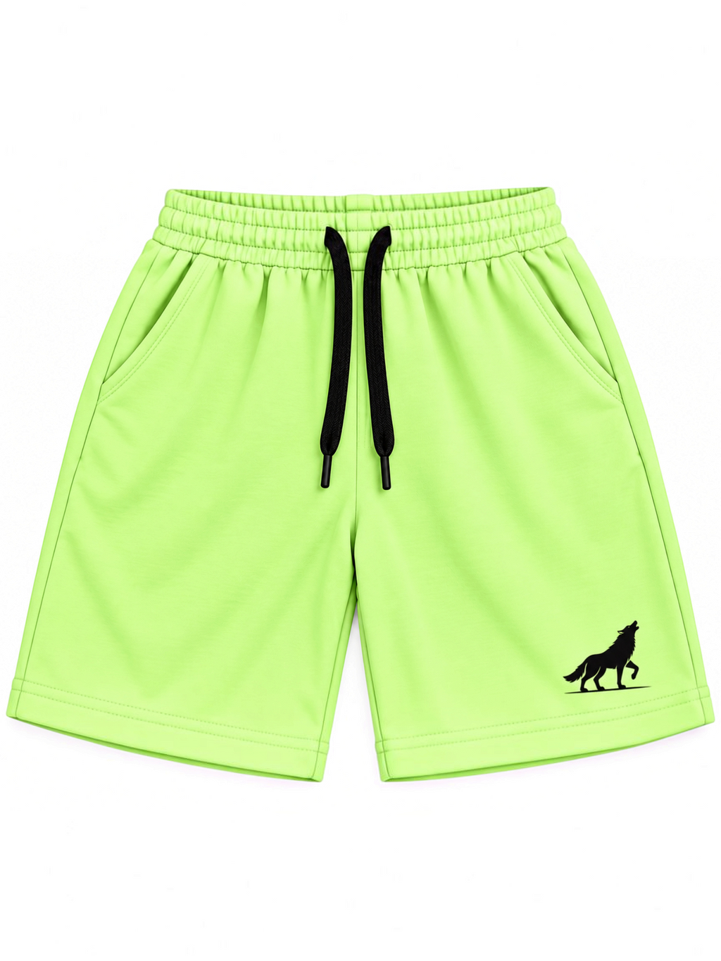 Kiddy Kloset kids lime green shorts front view with black drawcord and black wolf logo