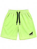 Kiddy Kloset kids lime green shorts front view with black drawcord and black wolf logo