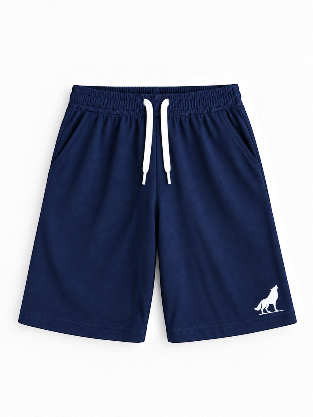 Kiddy Kloset kids navy shorts front view with white drawcord and white wolf logo