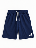 Kiddy Kloset kids navy shorts front view with white drawcord and white wolf logo