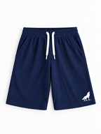 Kiddy Kloset kids navy shorts front view with white drawcord and white wolf logo