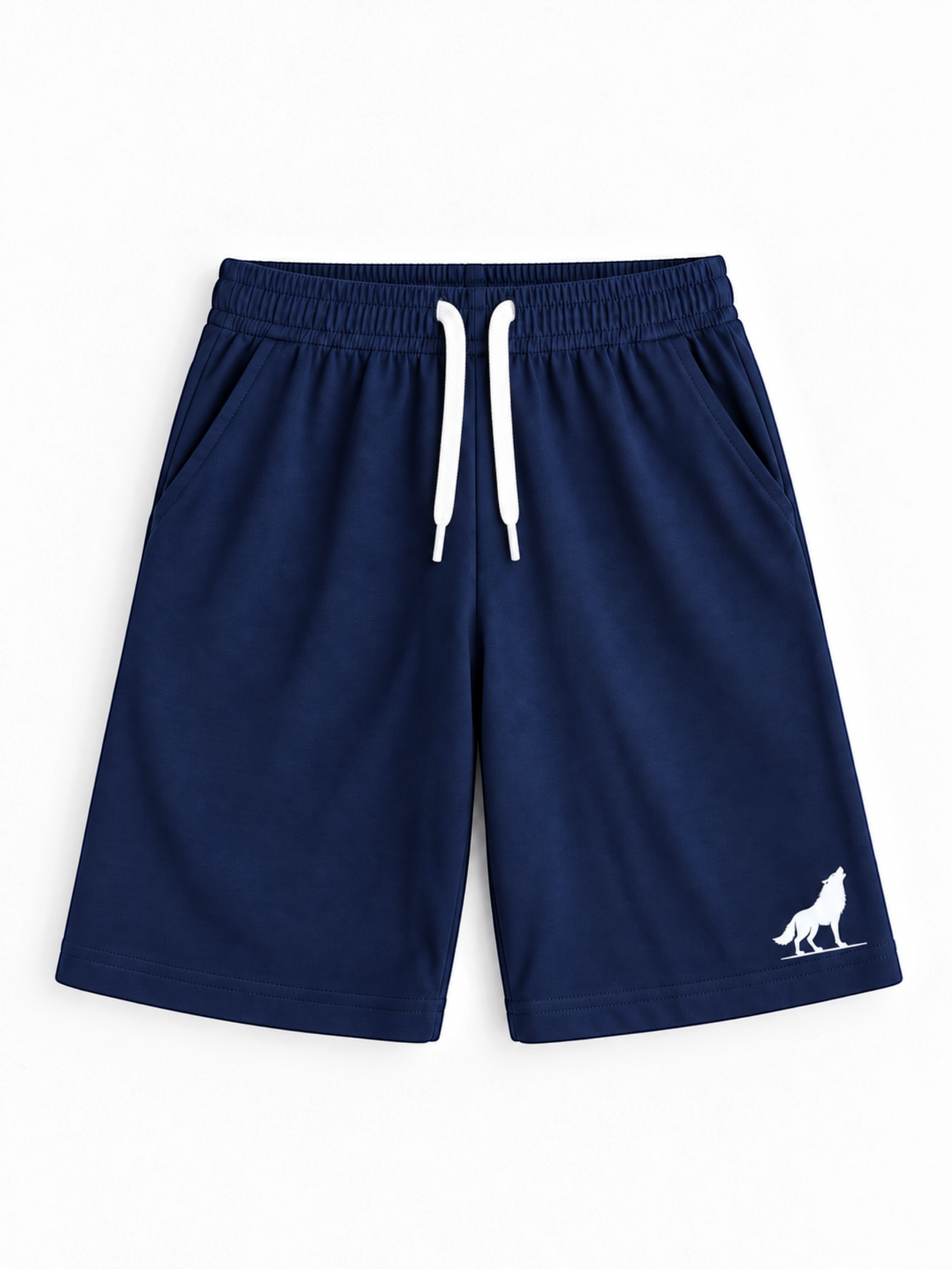 Kiddy Kloset kids navy shorts front view with white drawcord and white wolf logo