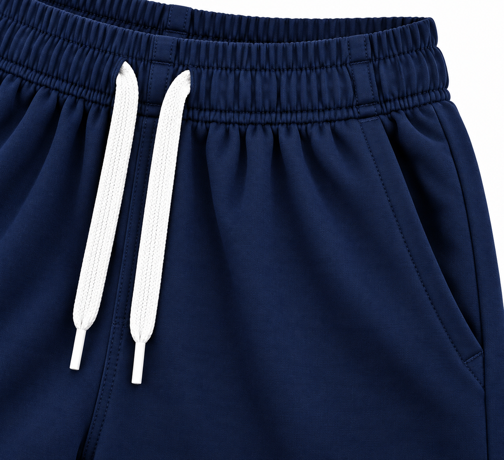 Close up of elasticated waistband, white drawcord and side pocket on kids navy shorts