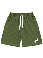 Kiddy Kloset kids olive shorts front view with white drawcord and white wolf logo