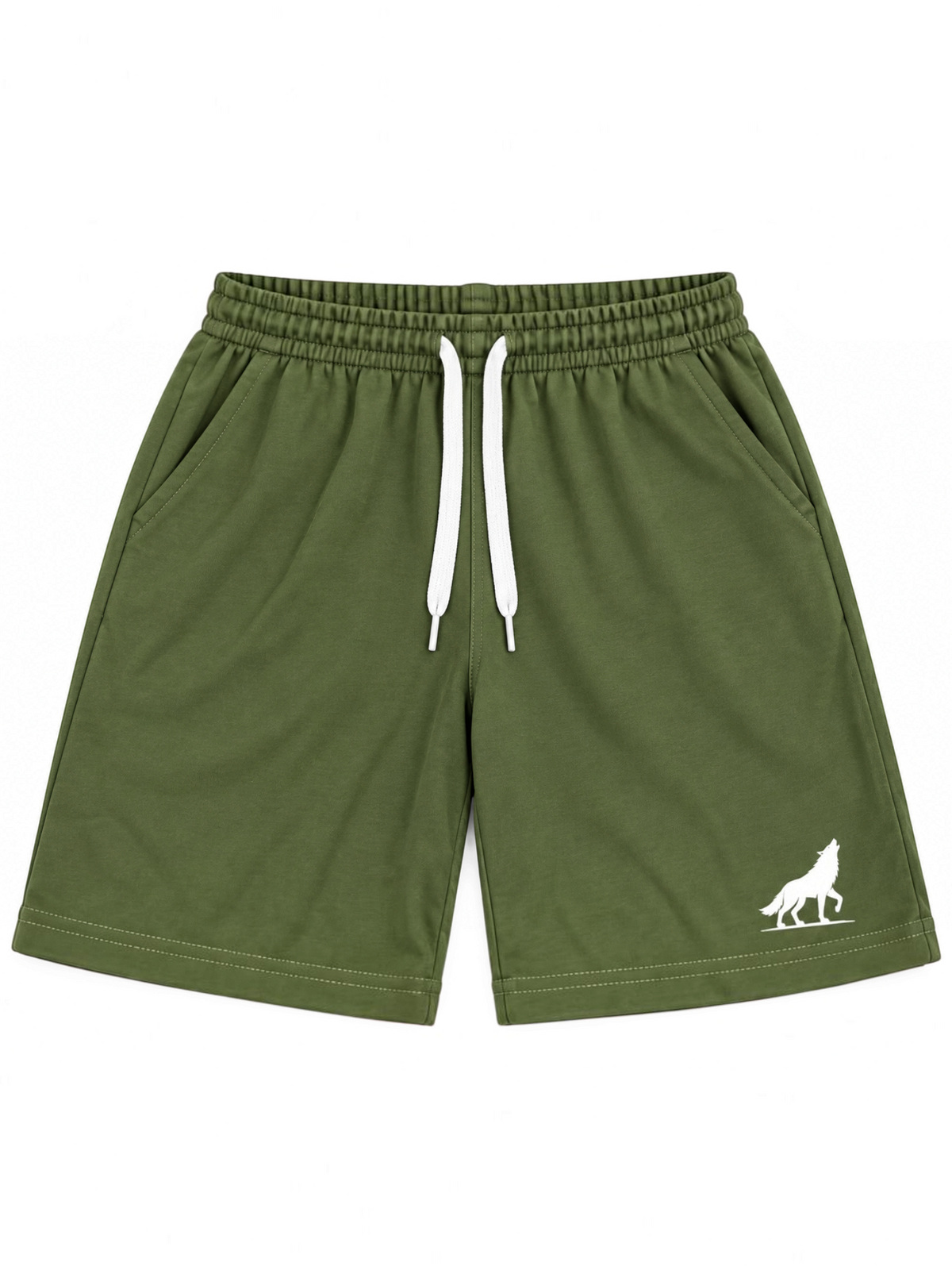 Kiddy Kloset kids olive shorts front view with white drawcord and white wolf logo
