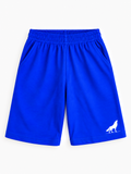 Kiddy Kloset kids royal blue shorts front view with elasticated waist and white wolf logo