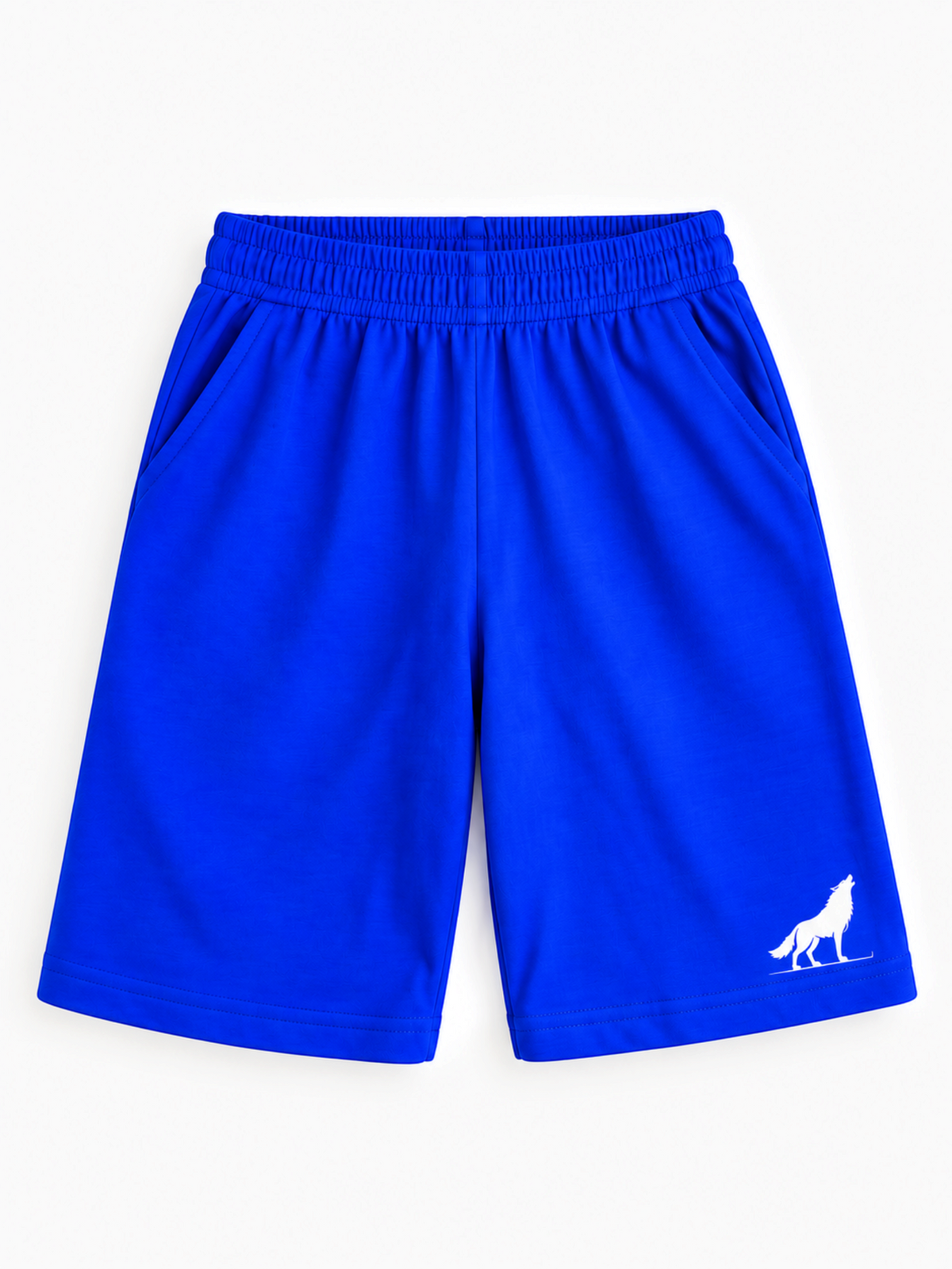 Kiddy Kloset kids royal blue shorts front view with elasticated waist and white wolf logo